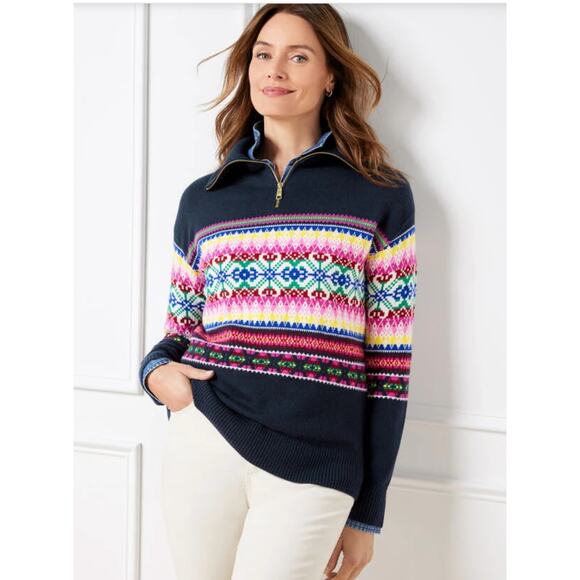 Talbot's Navy Half-Zip Mockneck Sweater Stripe Fair Isle Sp Preppy Nordic Wool - Picture 2 of 9